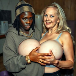 In a poor room, a very short and malnourished 18-year-old Black woman with deeply dark skin and a fierce expression is wearing an oversized men's hoodie with a hood, a winter beanie, and has Rastafarian hair