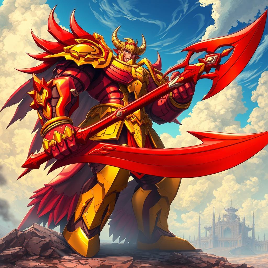 A towering red gold giant character in vibrant anime style, holding two massive red scythes, poised dramatically in a heroic stance