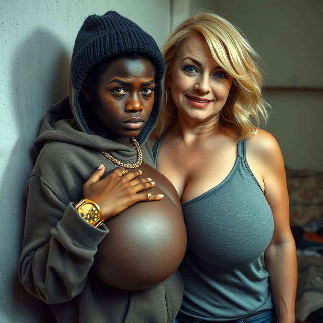 In a poor room, a very short and malnourished 18-year-old Black woman with deeply dark skin and a fierce expression is wearing an oversized men's hoodie with a hood, a winter beanie, and has Rastafarian hair