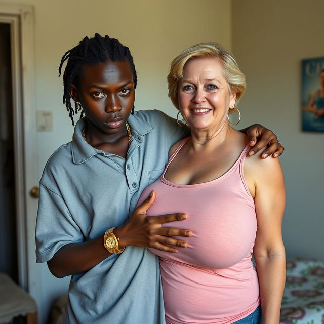 In a poor room, a very short and malnourished 18-year-old Black woman with deeply dark skin and a fierce expression is wearing an oversized men's polo shirt