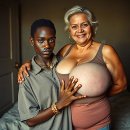 In a poor room, a very short and malnourished 18-year-old Black woman with deeply dark skin and a fierce expression is wearing an oversized men's polo shirt