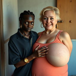 In a poor room, a very short and malnourished 18-year-old Black woman with deeply dark skin and anemically pale eyes has a fierce expression