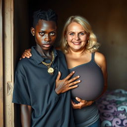 In a poor room, a very short and malnourished 18-year-old Black woman with deeply dark skin and anemically pale eyes has a fierce expression