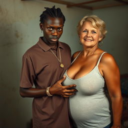 In a poor room, a very short and malnourished 18-year-old Black woman with deeply dark skin and anemically pale eyes has a fierce expression