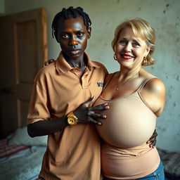 In a poor room, a very short and malnourished 18-year-old Black woman with deeply dark skin and reddish eyes has a fierce expression