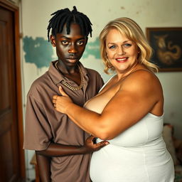 In a poor room, a very short and malnourished 18-year-old Black woman with deeply black skin and a fierce expression is wearing an oversized men's polo shirt