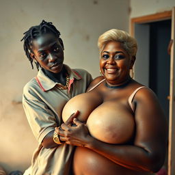 In a poor room, a very short and malnourished 18-year-old Black woman with deeply black skin and a fierce expression is wearing an oversized men's polo shirt