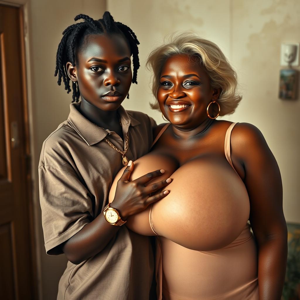 In a poor room, a very short and malnourished 18-year-old Black woman with deeply black skin and a fierce expression is wearing an oversized men's polo shirt