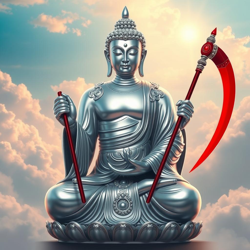A stunning depiction of a silver Buddha figure in anime style, characterized by an elegant and serene expression