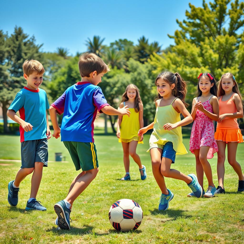 A vibrant scene featuring two boys and five girls in a playful outdoor setting