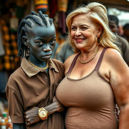 At an African market, a very short and malnourished 18-year-old Black woman with deeply black skin has a fierce expression
