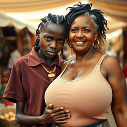 At an African market, a very short and malnourished 18-year-old Black woman with deeply dark skin and a fierce expression is wearing an oversized men's polo shirt, showcasing her extremely thin body