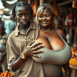 At an African market, a very short and malnourished 18-year-old Black woman with deeply dark skin and a fierce expression is wearing an oversized men's polo shirt, showcasing her extremely thin body
