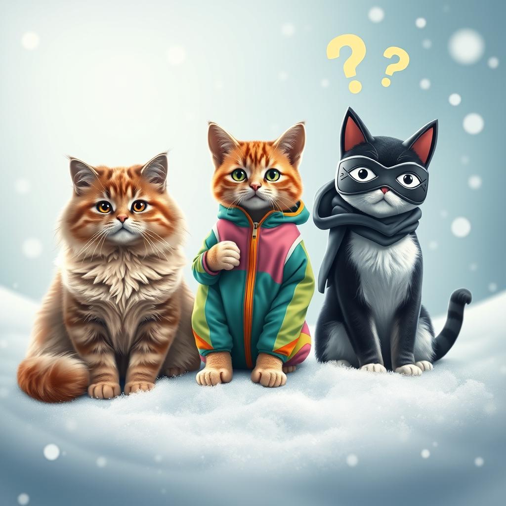 Three cats sitting side by side in a whimsical setting