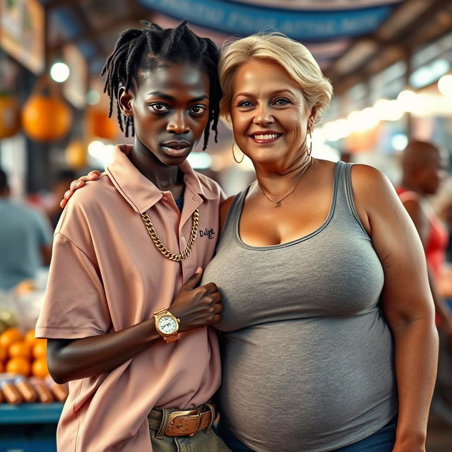 At a lively market, a very short and malnourished 18-year-old Black woman with deeply dark skin and a fierce expression wears an oversized men's polo shirt, highlighting her extremely thin body