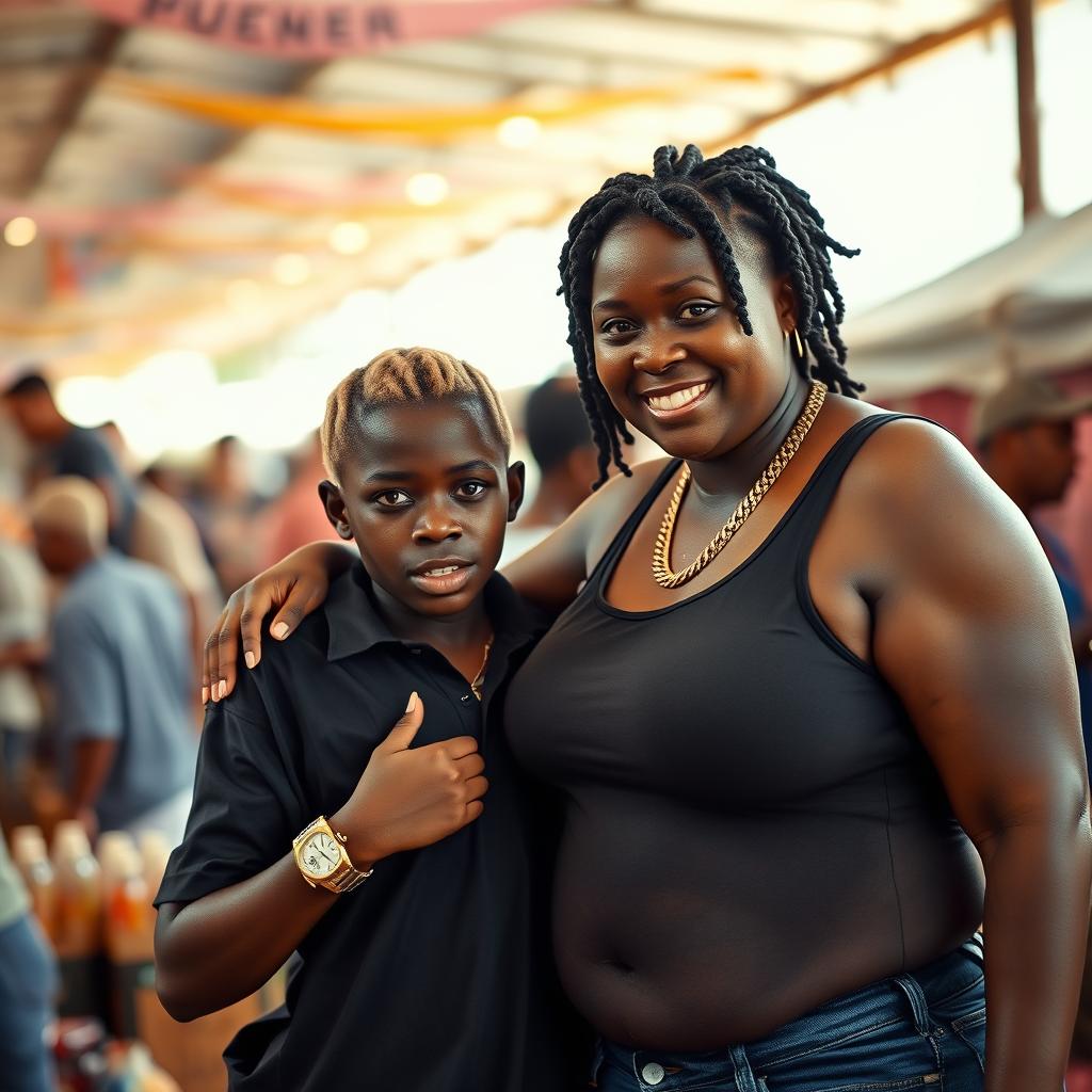 At a lively market, a very short and malnourished 18-year-old Black woman with deeply dark skin and a fierce expression wears an oversized men's polo shirt, highlighting her extremely thin body
