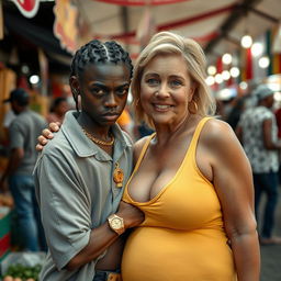 At a lively market, a very short and malnourished 18-year-old Black woman with deeply dark skin and a fierce expression wears an oversized men's polo shirt, highlighting her extremely thin body