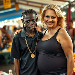 At a lively market, a very short and malnourished 18-year-old Black woman with deeply dark skin and a fierce expression wears an oversized men's polo shirt, highlighting her extremely thin body