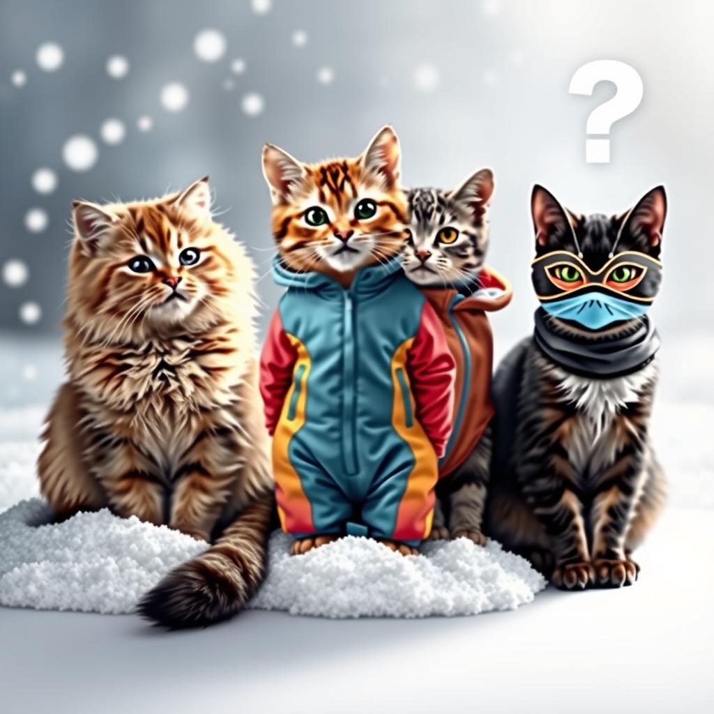 Three cats sitting side by side in a whimsical setting