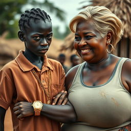 In an African village, a very short and malnourished 18-year-old Black woman with jet black skin has a fierce expression