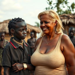 In an African village, a very short and malnourished 18-year-old Black woman with jet black skin has a fierce expression