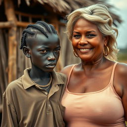 In an African village, a very short and malnourished 18-year-old Black woman with jet black skin has a fierce expression