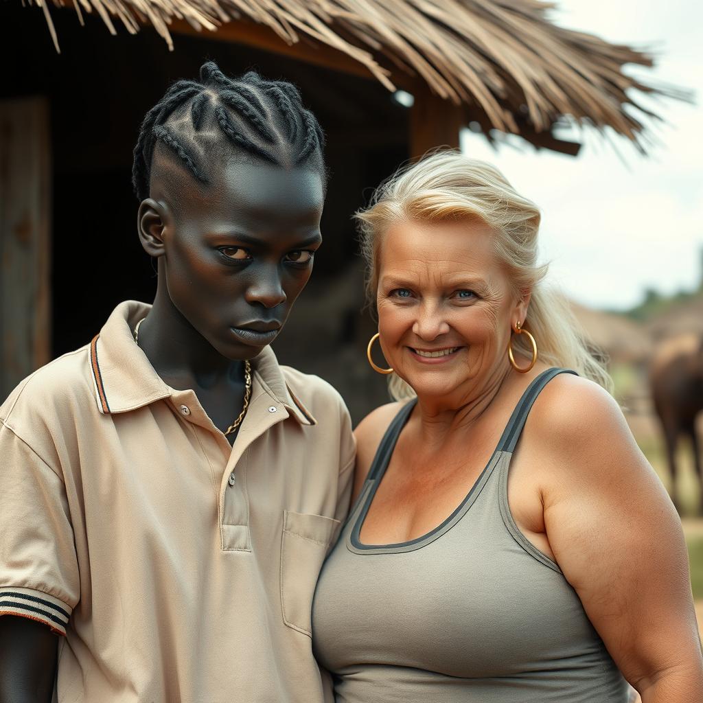 In an African village, a very short and malnourished 18-year-old Black woman with jet black skin has a fierce expression