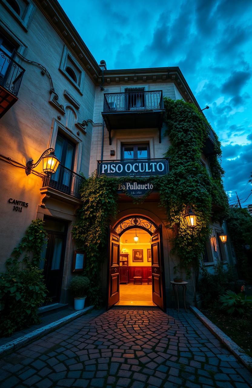 An intriguing view of an old hotel titled 'PISO OCULTO', featuring vintage architecture with faded paint, ornate balconies, and antique signage