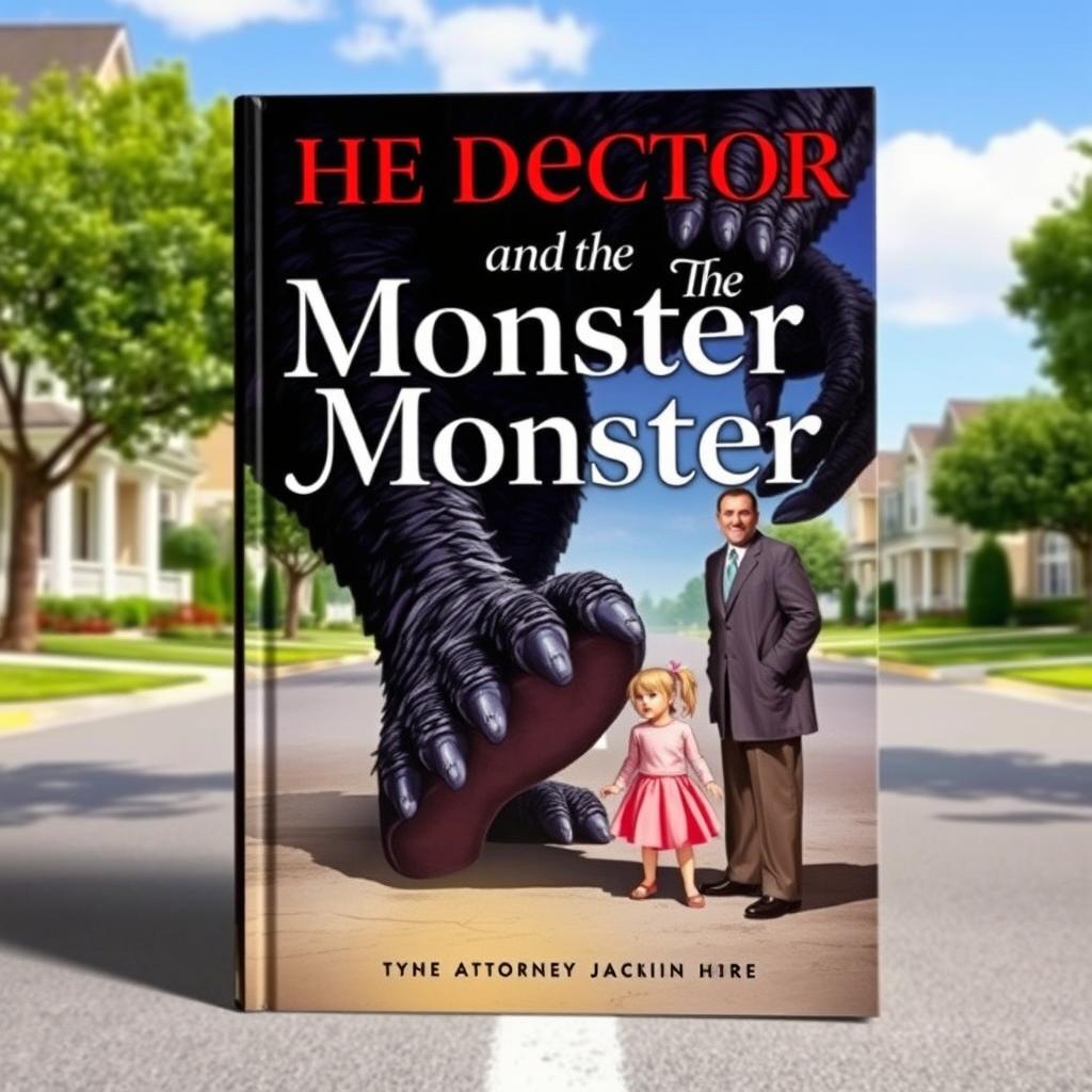 The cover of a book titled 'The Doctor and the Monster', featuring a large, terrifying monster stepping on a small girl, who is depicted as scared and vulnerable