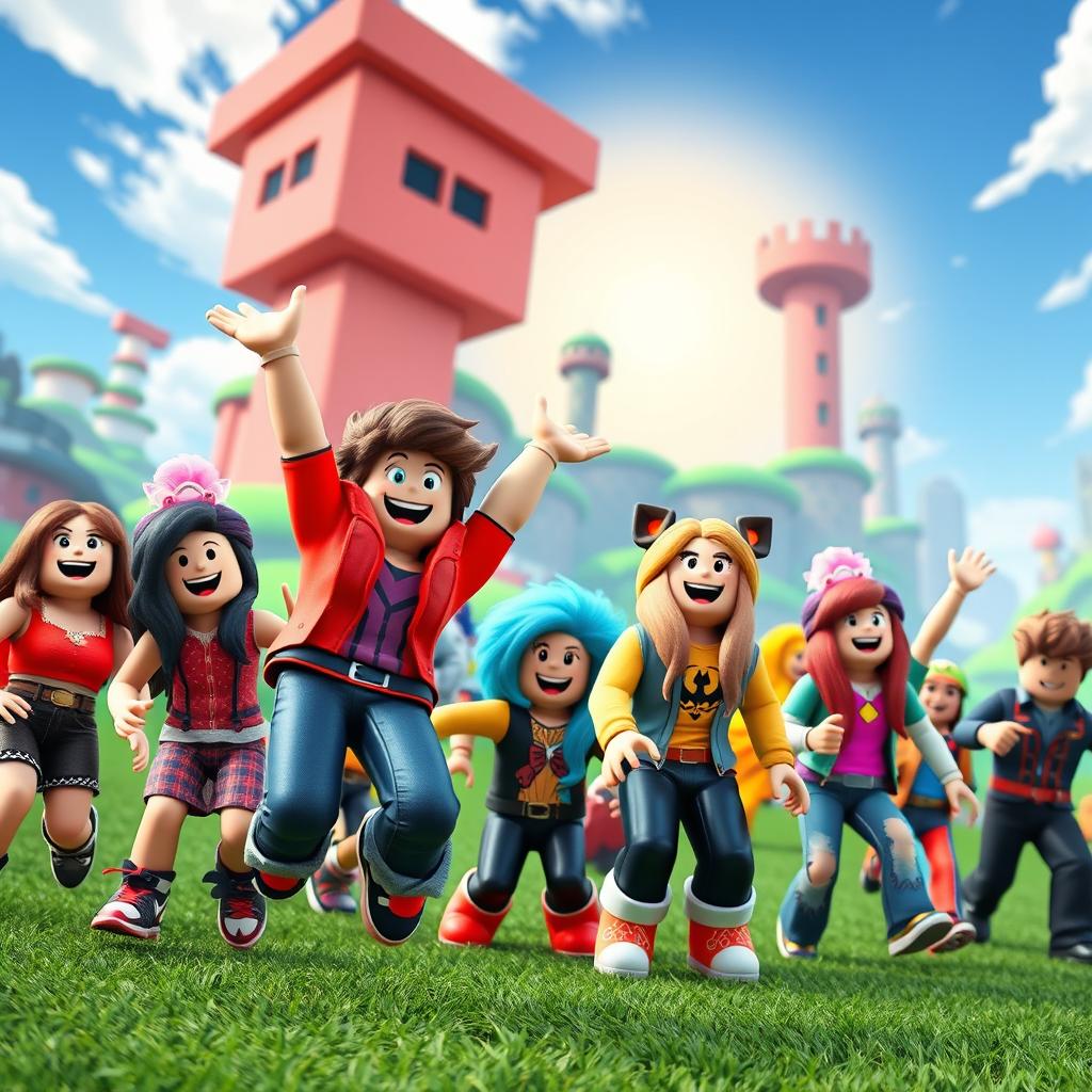 A vibrant and colorful scene from a Roblox game, showcasing players wearing a variety of creative and unique avatar outfits, featuring exciting facial expressions of joy and celebration
