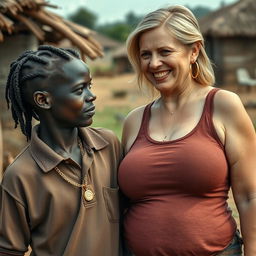 In an African village, a very short and malnourished 18-year-old Black woman with deeply dark skin and a fierce expression is depicted