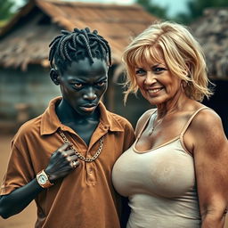 In an African village, a very short and malnourished 18-year-old Black woman with deeply dark skin and a fierce expression is depicted