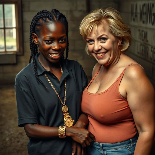 In a grim and dirty captivity setting, a very short and malnourished 18-year-old Black woman with deep black skin and a fierce expression is shown wearing an oversized men's polo shirt, emphasizing her extremely thin physique