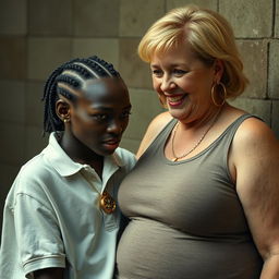 In a grim and dirty captivity setting, a very short and malnourished 18-year-old Black woman with deep black skin and a fierce expression is shown wearing an oversized men's polo shirt, emphasizing her extremely thin physique