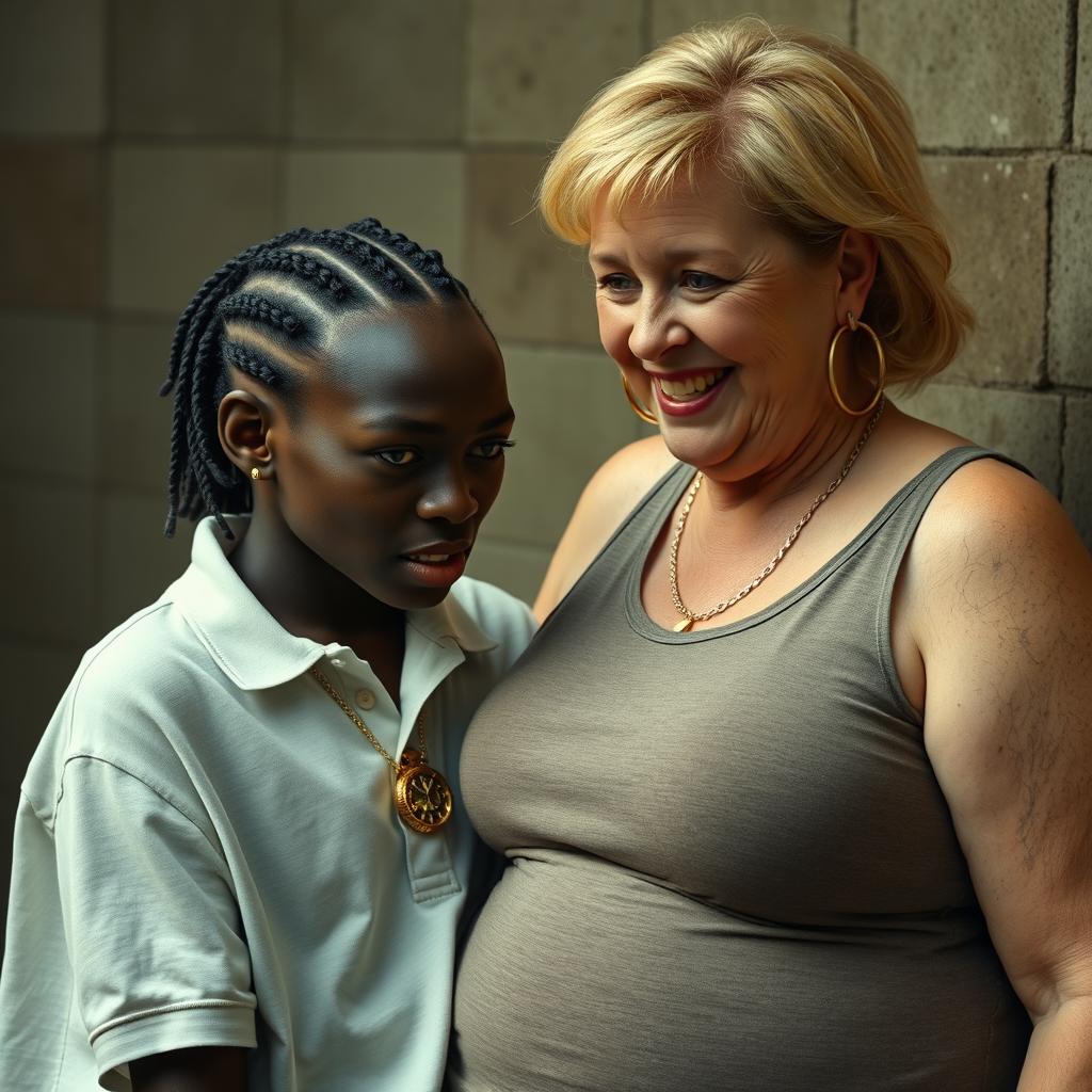 In a grim and dirty captivity setting, a very short and malnourished 18-year-old Black woman with deep black skin and a fierce expression is shown wearing an oversized men's polo shirt, emphasizing her extremely thin physique