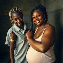 In a grim and dirty captivity setting, a very short and malnourished 18-year-old Black woman with deep black skin and a fierce expression is shown wearing an oversized men's polo shirt, emphasizing her extremely thin physique