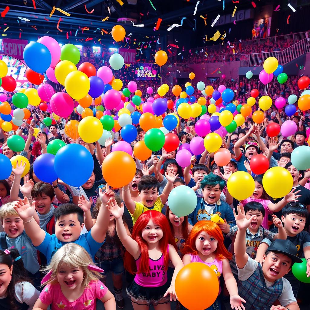 An exciting and colorful scene depicting a massive crowd of Roblox players joyously cheering, all holding a variety of bright, colorful balloons