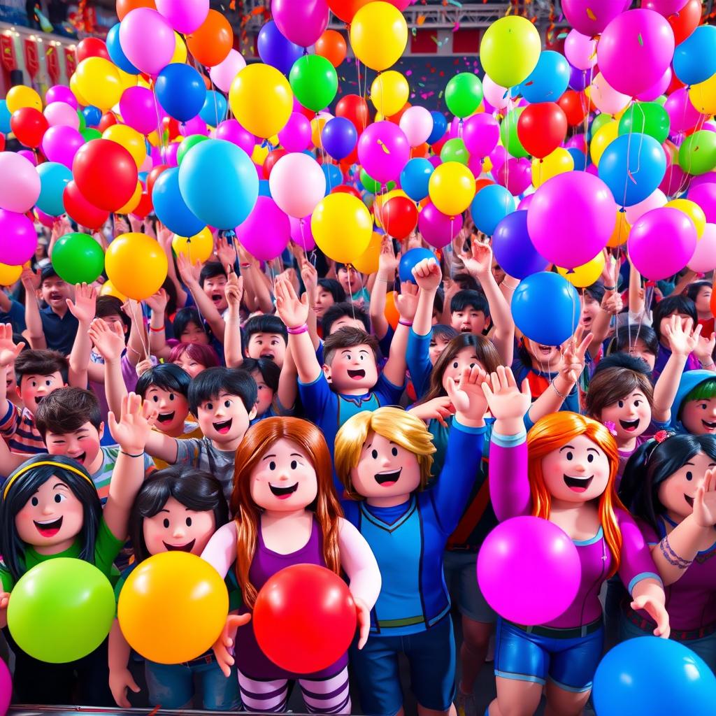 An energetic and colorful scene showcasing a massive crowd of Roblox avatars joyfully cheering together, each holding vibrant balloons in a variety of shapes and colors