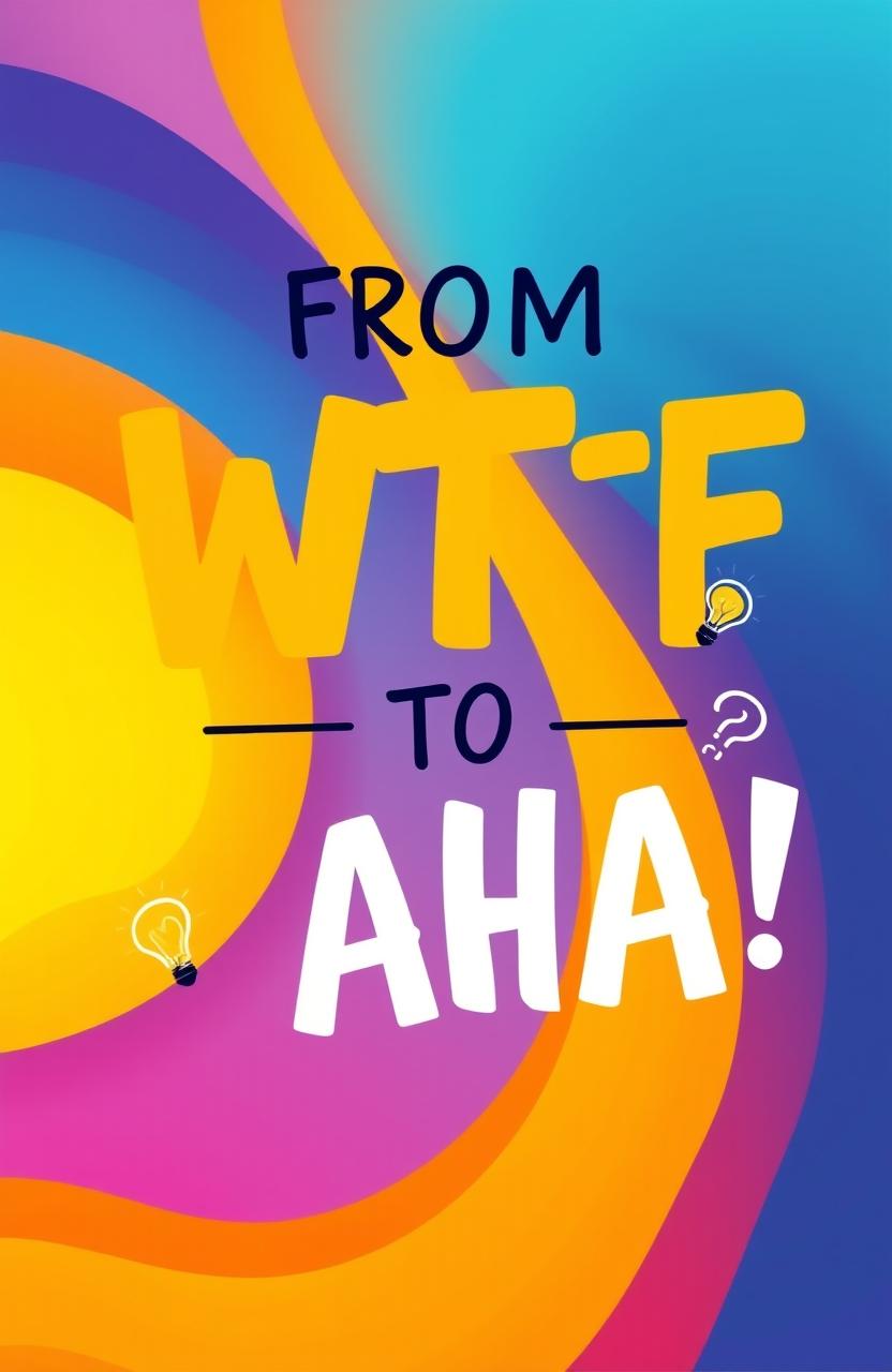 A striking book cover design for the title "FROM WTF TO AHA!" featuring an abstract, dynamic design that symbolizes transformation and discovery