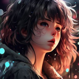 Generate an ultra-detailed, 32k resolution anime portrait in the style of Makoto Shinkai. It should showcase a beautiful color scheme ranging from dark tones to light specks, with a stunning bokeh effect to enhance its digital art appeal.