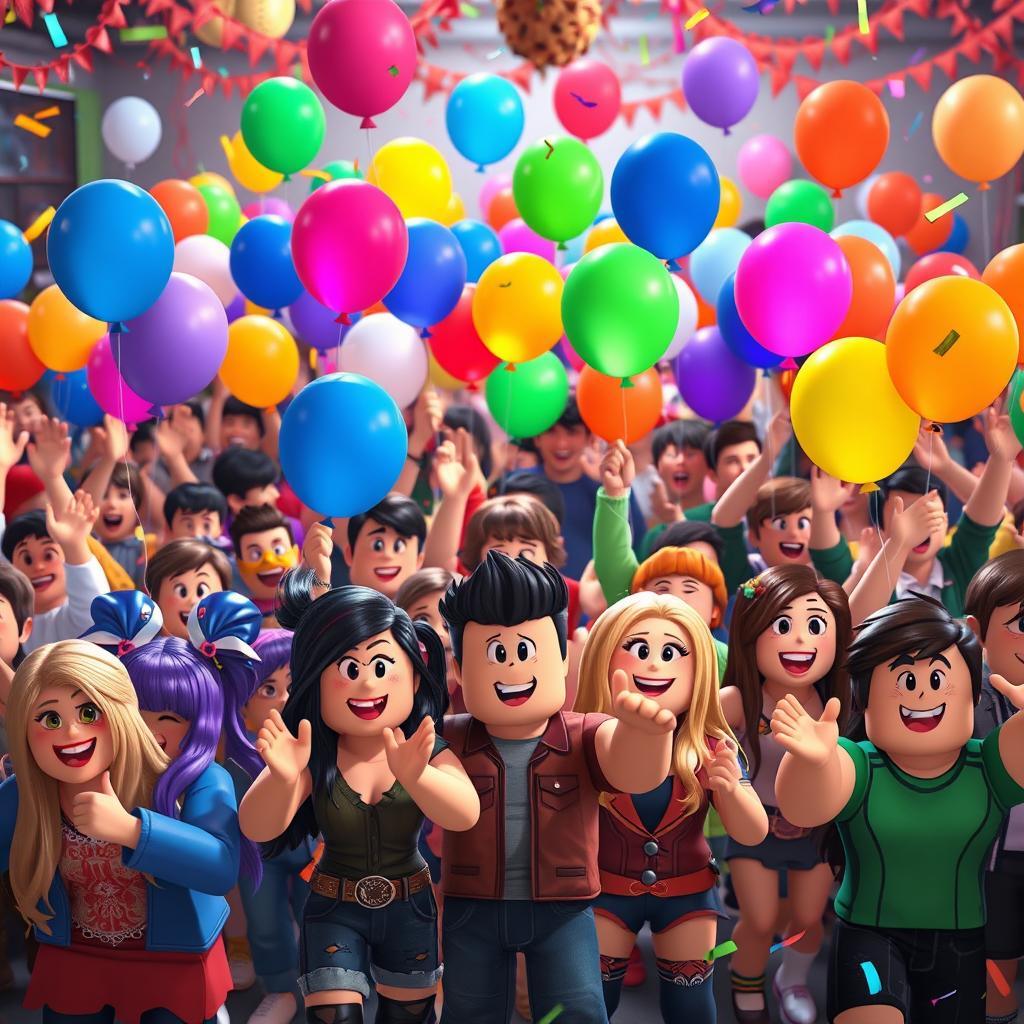 A lively scene featuring a large crowd of Roblox avatars cheering enthusiastically, each one holding colorful balloons of various shapes and sizes
