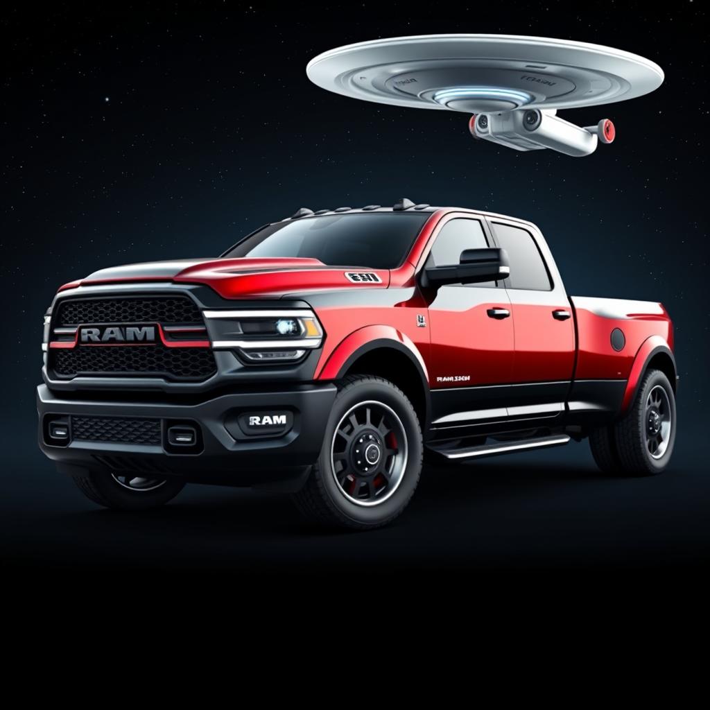 A futuristic vehicle design that seamlessly combines elements of the 2025 RAM 3500 and the iconic Starship Enterprise from Star Trek