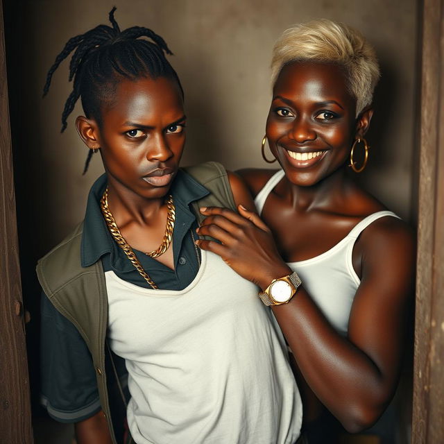 Inside a poor room, a very short and malnourished 25-year-old African woman with a fierce, angry expression is depicted