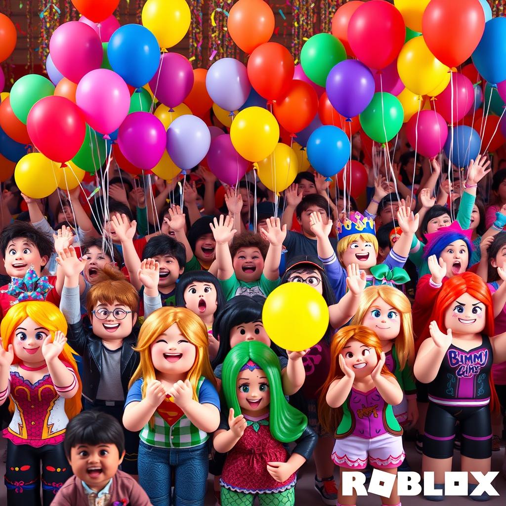 A vibrant and lively scene depicting a large crowd of Roblox avatars enthusiastically cheering, each one holding bright and colorful balloons of varying shapes and sizes