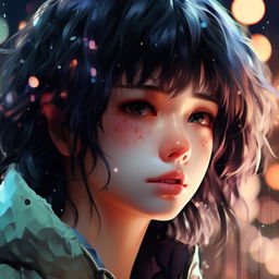 Generate an ultra-detailed, 32k resolution anime portrait in the style of Makoto Shinkai. It should showcase a beautiful color scheme ranging from dark tones to light specks, with a stunning bokeh effect to enhance its digital art appeal.