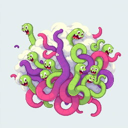 A pixel art spritesheet depicting a cloud of worms, designed in a whimsical and colorful style