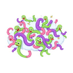 A pixel art spritesheet depicting a cloud of worms, designed in a whimsical and colorful style