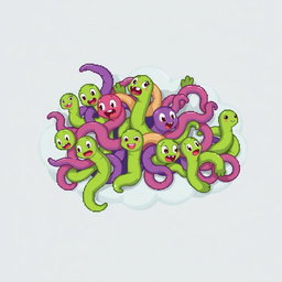 A pixel art spritesheet depicting a cloud of worms, designed in a whimsical and colorful style