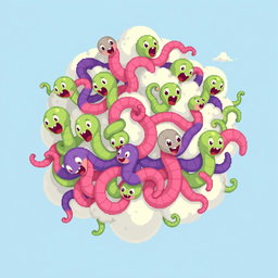 A pixel art spritesheet depicting a cloud of worms, designed in a whimsical and colorful style