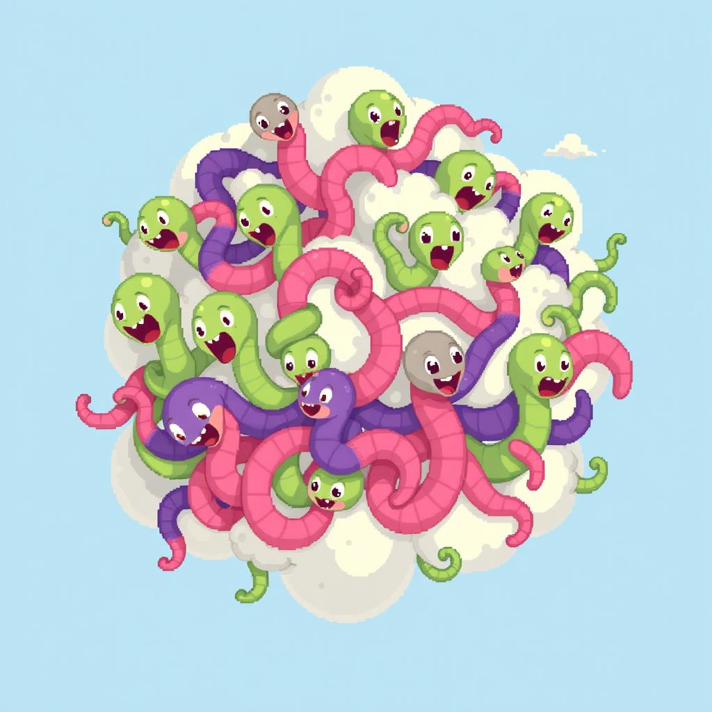 A pixel art spritesheet depicting a cloud of worms, designed in a whimsical and colorful style